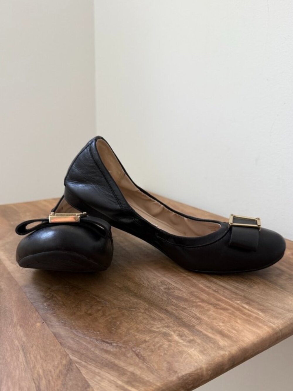 COLE HAAN Black Leather Grand OS Bow Buckle Ballet Flats